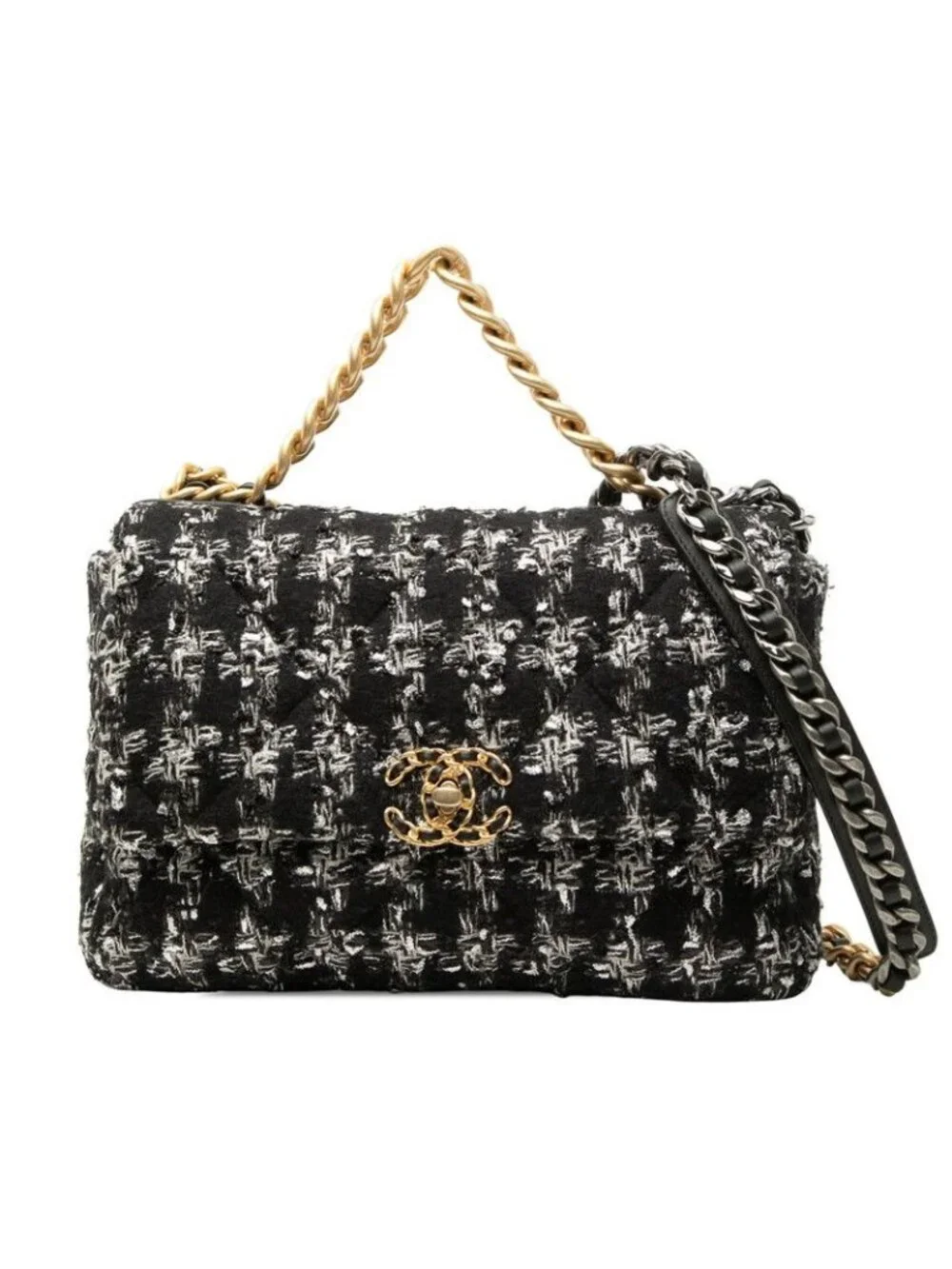 Chanel CC Logo 19 Large Chain Shoulder Bag Houndstooth Black Tweed
